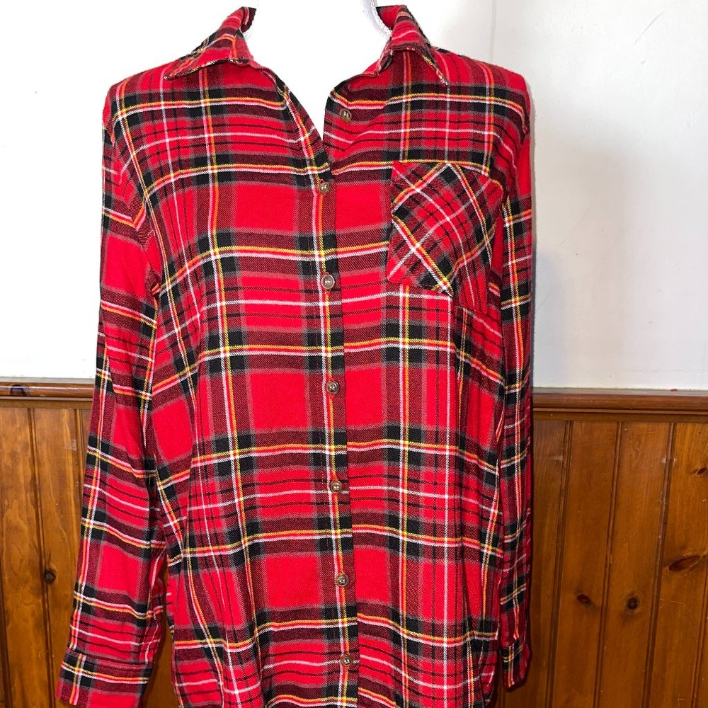 NWT Junior's Hippie Rose Red Plaid Flannel Long‎ Sleeve Pocket Tunic Top XS